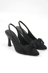 Texas Kadın Siyah Mat Saten Fiyonklu Orta Topuklu (8 cm) Topuklu Ayakkabı