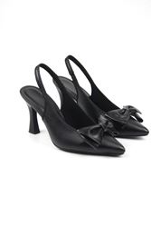 Texas Kadın Siyah Cilt Fiyonklu Orta Topuklu (8 cm) Topuklu Ayakkabı