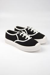 Lona Kadın Siyah Keten Beyaz Taban Bağcıklı Sneakers