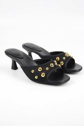 Rowena Kadın Altın Taş Detaylı Siyah Kısa Topuklu (4 CM) Topuklu Terlik