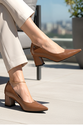 Zaneta Esnek Yumuşak Kaymaz Taban (4 cm) Kadın Kalın Topuk  Taba Rugan Ayakkabı