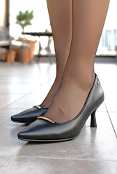 Sasha Esnek Yumuşak Kaymaz Taban (4 cm) Siyah Cilt İnce Çubuk Toka Kadın Topuklu Ayakkabı