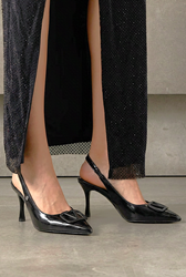 Rosalinda Esnek Yumuşak Kaymaz Taban (8 cm) Siyah Rugan  Açık Lastikli V toka Kadın Topuklu Ayakkabı