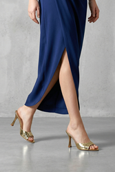 Zafira Esnek Yumuşak Kaymaz Taban (8 cm) Dore Metalik Kadın Topuklu Terlik