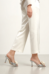 Rodeya Esnek Yumuşak Kaymaz Taban (8 cm) Lame Metalik El Yapımı Gül Detaylı Kadın Topuklu Terlik