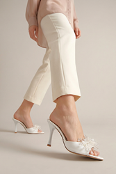 Cosima Esnek Yumuşak Kaymaz Taban (8 cm) Beyaz Cilt El Yapımı şeffaf Yaprak Detaylı Kadın Topuklu Terlik 