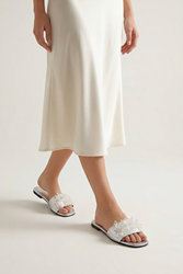 Florelle Lame Metalik El Yapımı  Şeffaf Yaprak Boncuk Detaylı Kadın Terlik